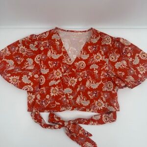 Cupshe Top Women Small NEW Orange Floral Wrap Tie Front Cropped Boho Hippie